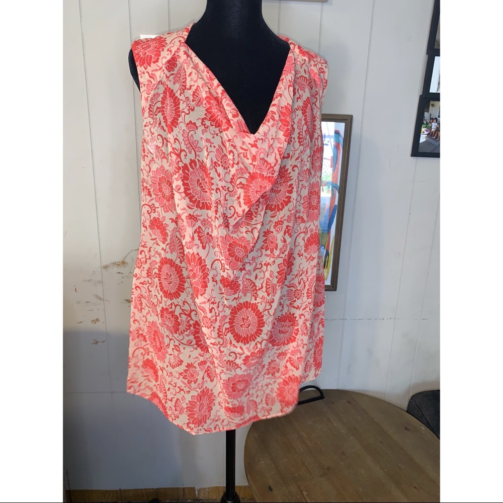 Cabi sleeveless floral tan and red cowl neck top